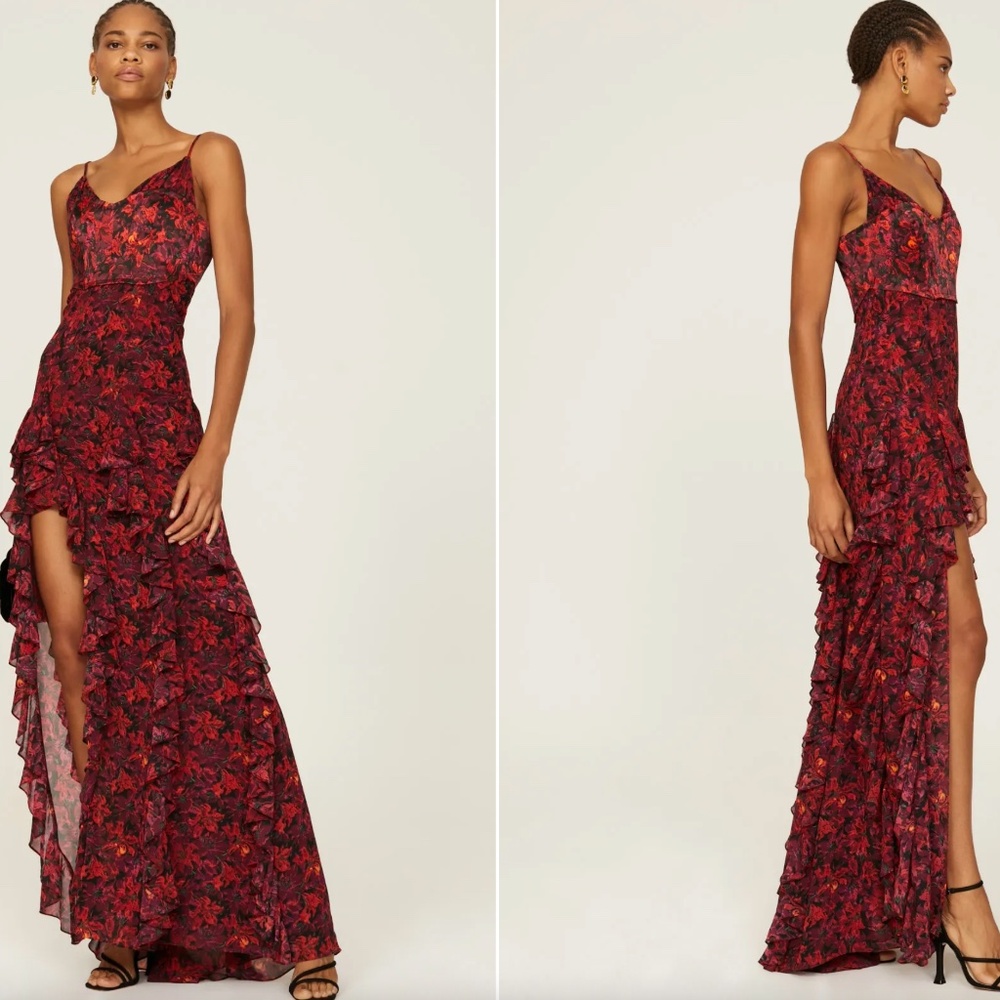 sz 2 Stargazer Lilies Glenda Gown dress Cinq à Sept Long Floral Printed Ruffle - Picture 1 of 5